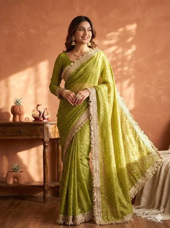 Lime Tissue Fringe Saree