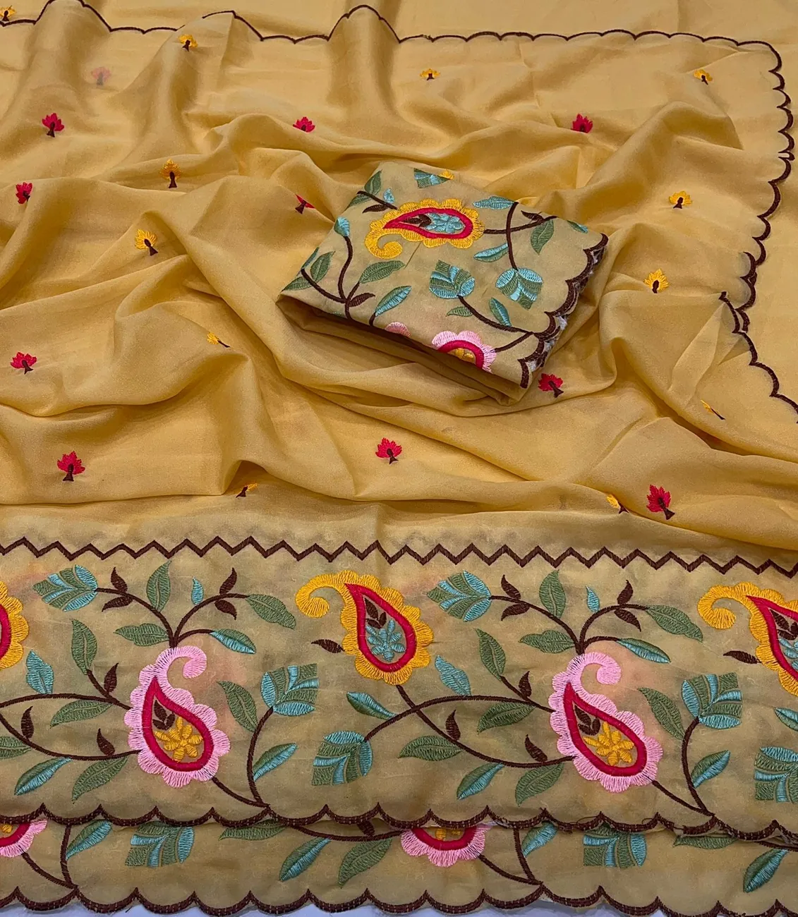 Mustard Paisley Embroidered Saree