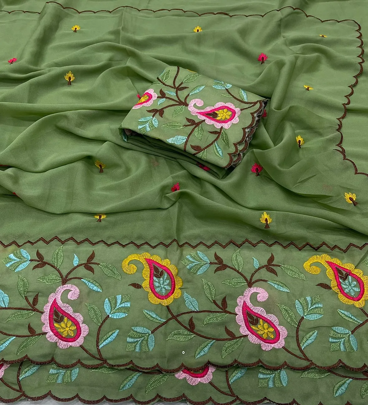 Olive Paisley Embroidered Saree