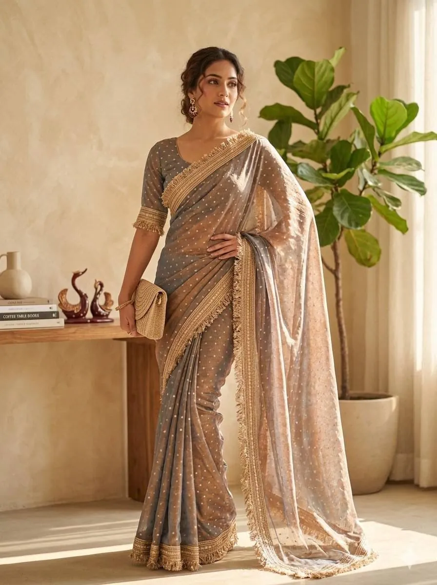 Pewter Gold Tissue Fringe Saree