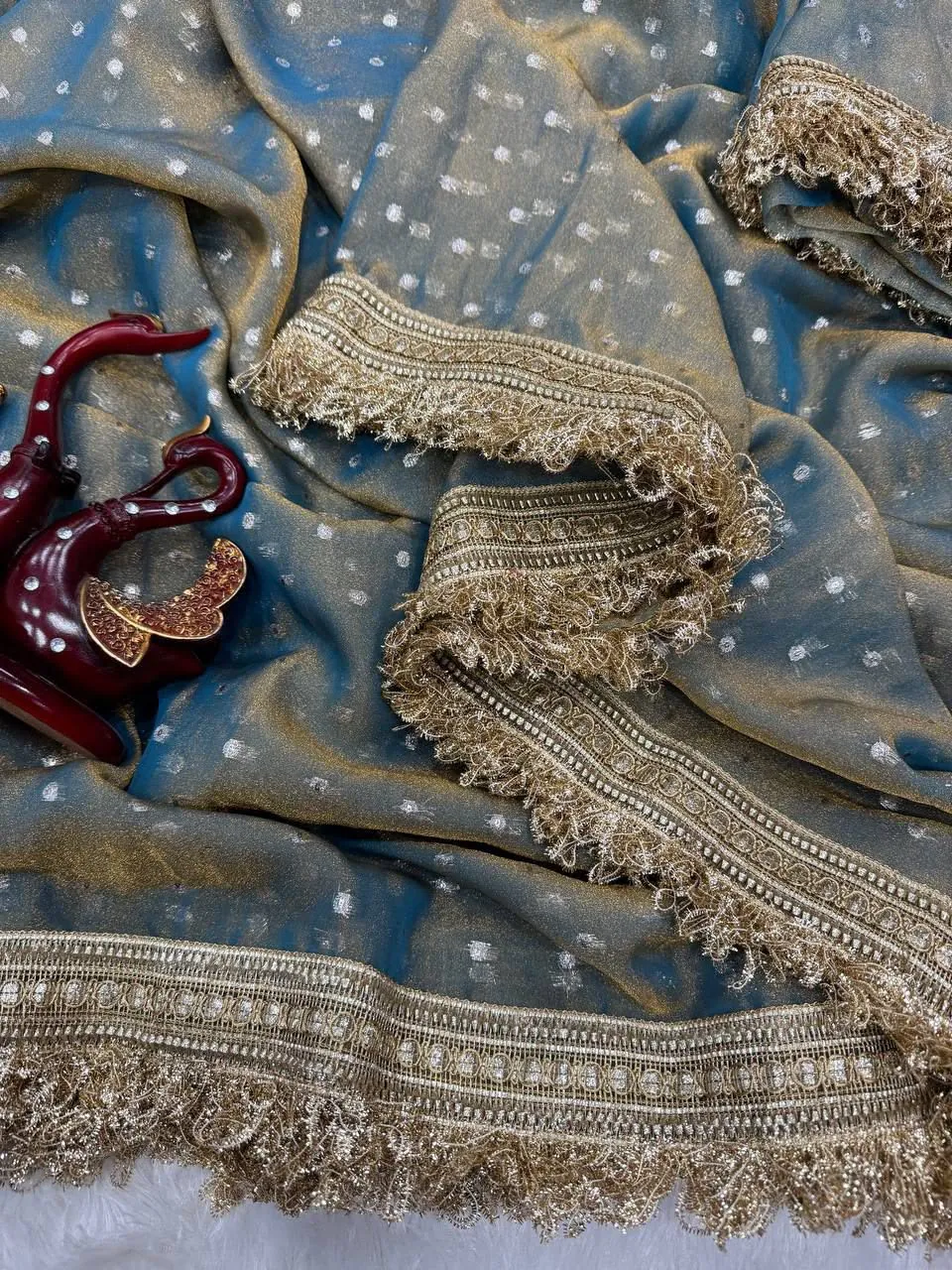 Sea Mist Tissue Fringe Saree
