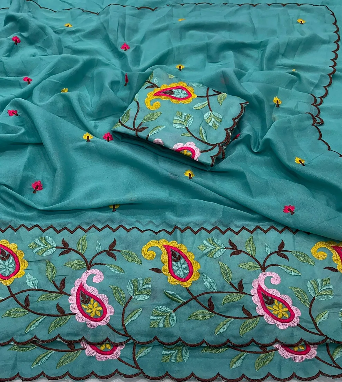 Teal Paisley Embroidered Saree